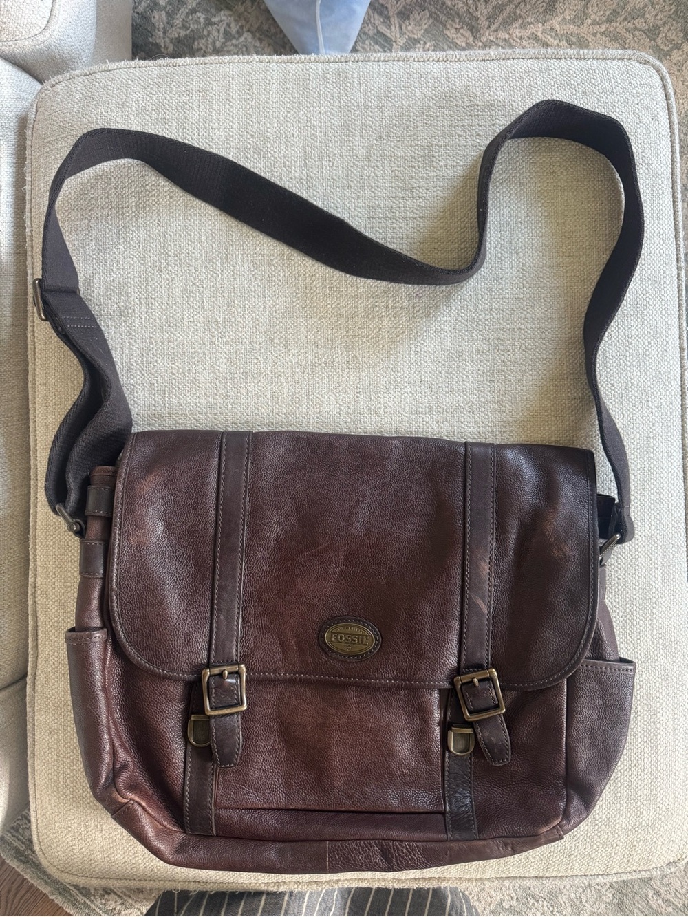 Fossil Dark Brown Leather Messenger Bag with Brass Accents